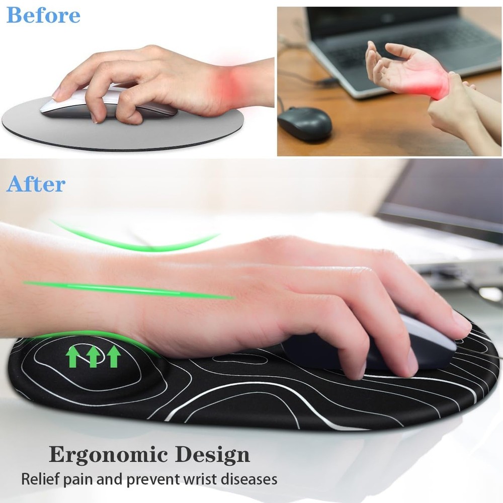 WAVEYU Ergonomic Mouse Pad with Wrist Support, Cute Topographic Line Pattern ...