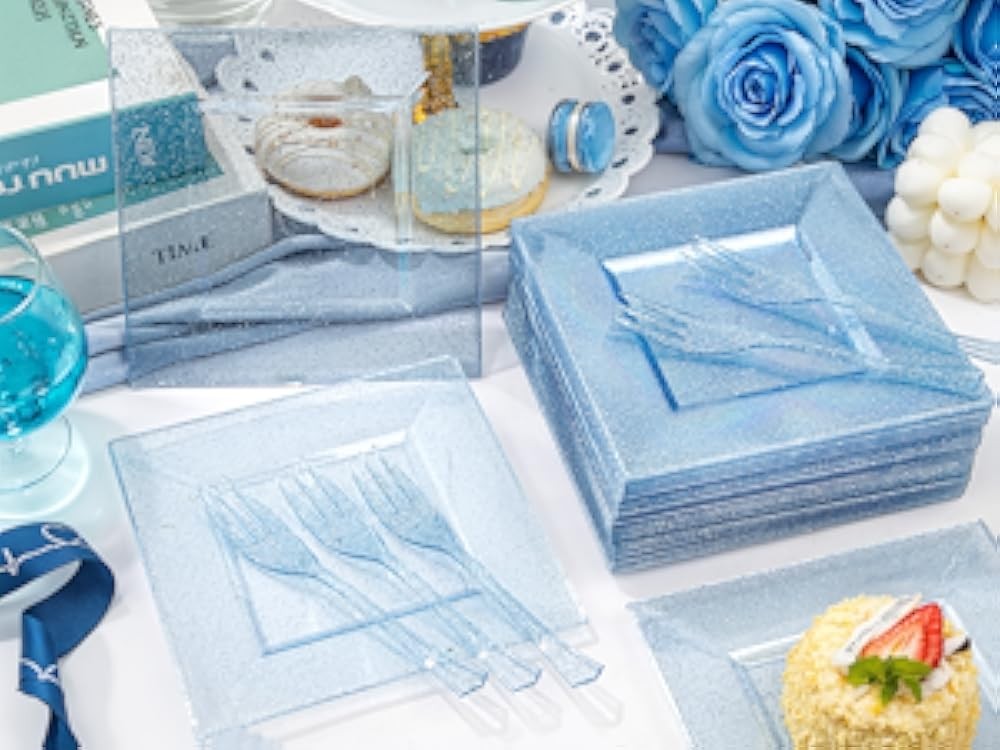 DaYmi Blue Glitter Dert Plates Including Appetizer Plates, Plastic