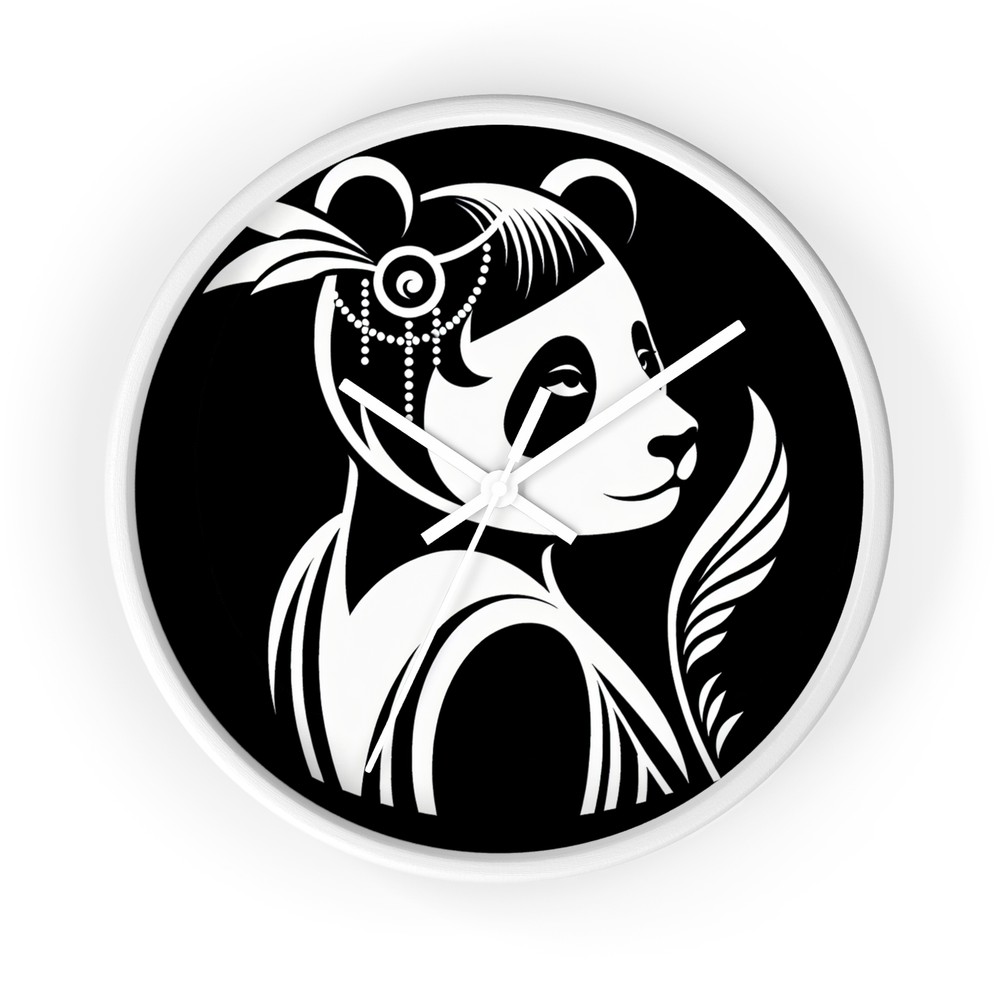 Home Decor Wall Clock Art Deco Stylized Panda Illustration Black White Classy