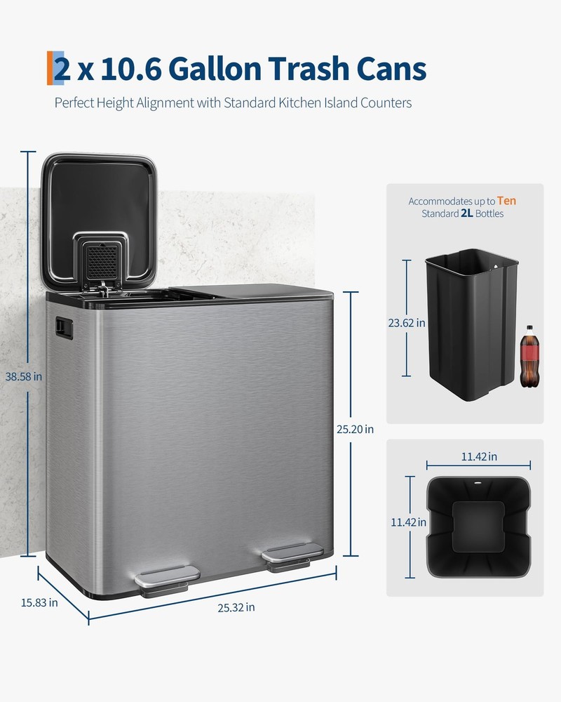 60L/80L Trash Can ,Kitchen Dual Compartment Trash Can ,Step Garbage Bin with Lid