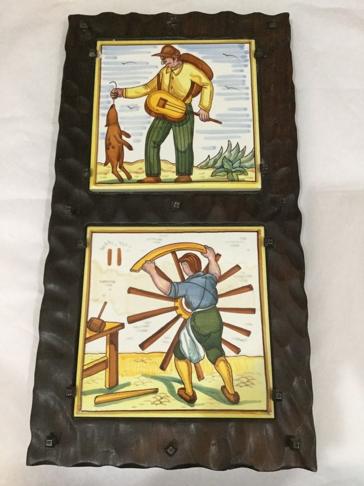 Vintage Spain Folk Art Tile Framed  Hand Painted Rustic Frame