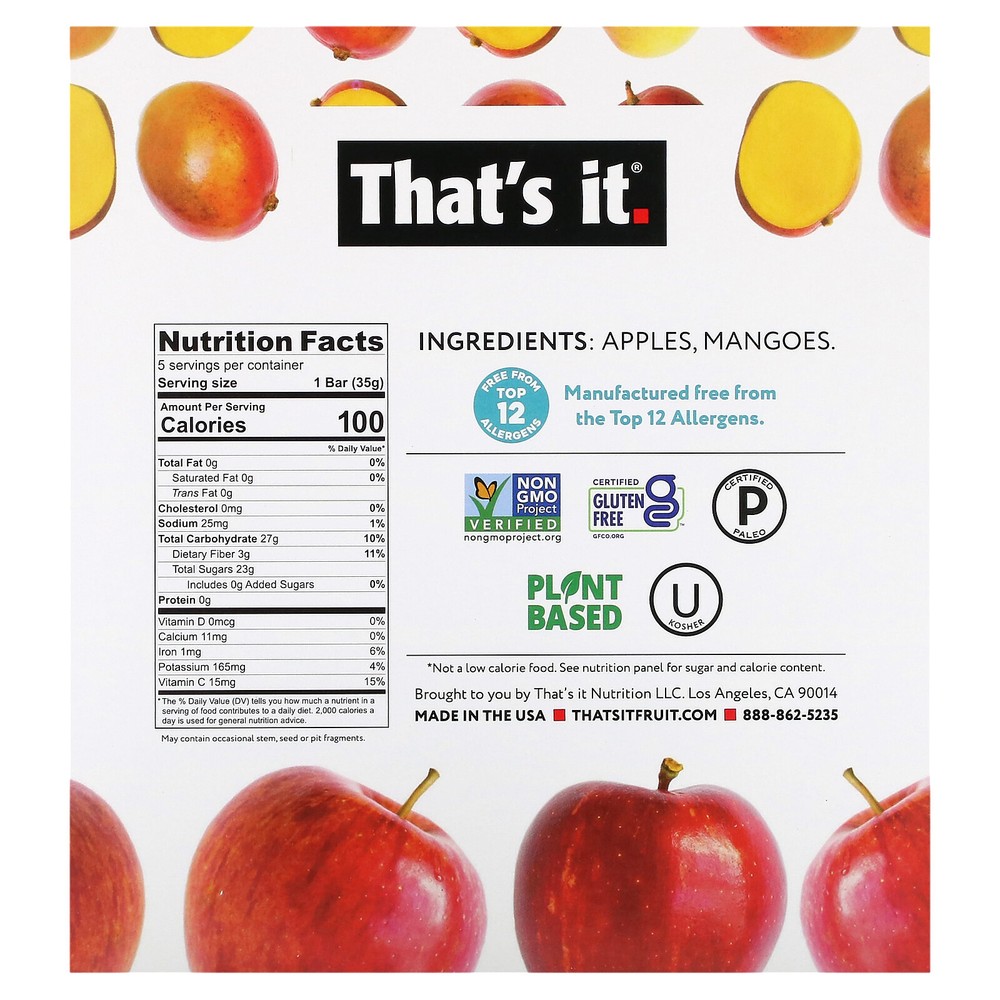 Fruit Bars, Apple + Mango, 5 Bars, 1.2 oz (35 g) Each