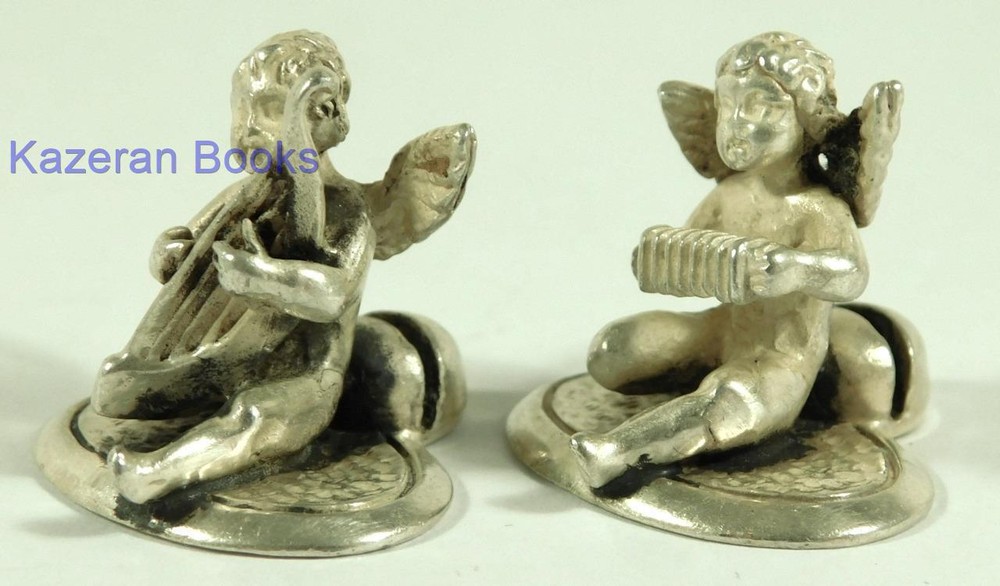 2x Vintage Solid Silver Miniature Cherub Putti Musician Place Menu Holders