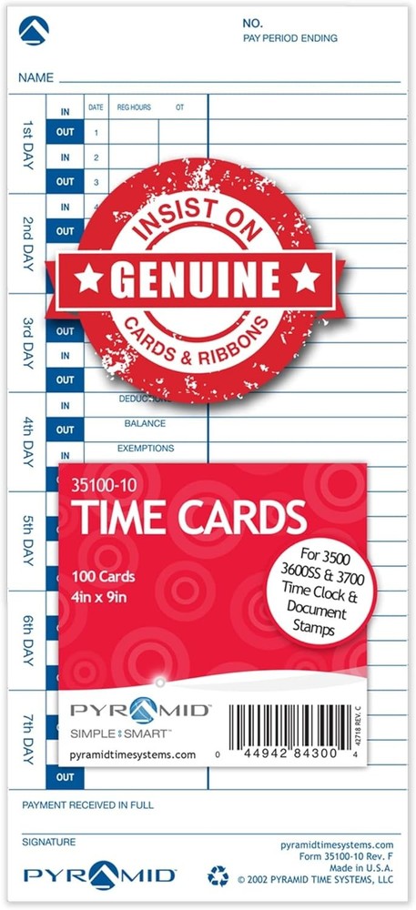 Pyramid 35100-10 Time Cards for use with All Side-Loading Time Clocks, 200/Pk