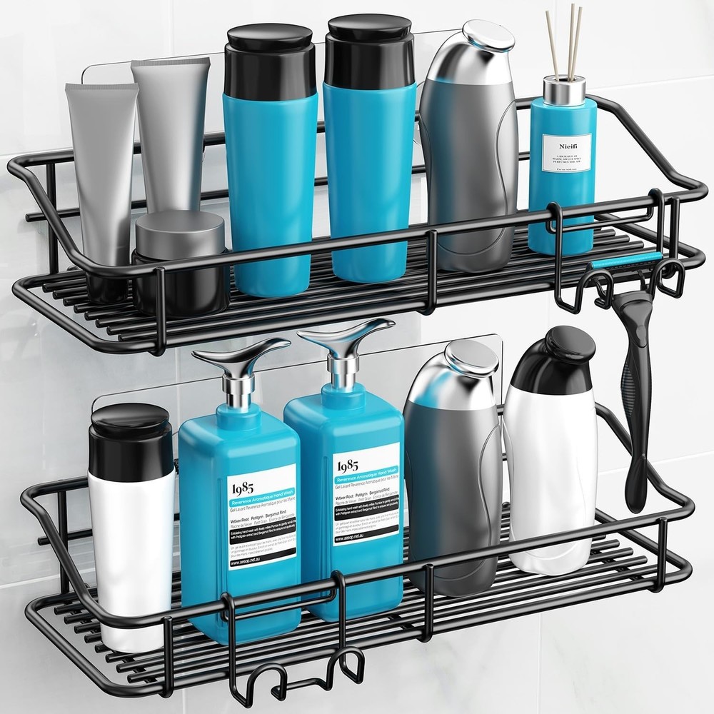 Easy Install 2 Pack Shower Organizer - Rust-Proof Stainless Steel, Black Finish