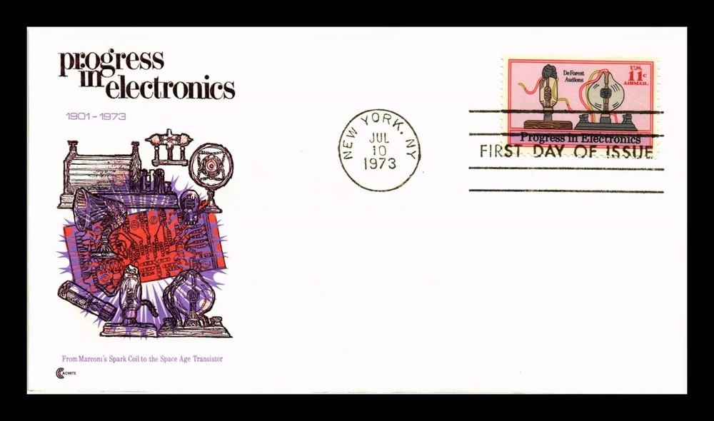 ELECTRONICS PROGRESS DEFOREST AUDIONS 1973 COVER CRAFT CACHET FDC+INFO CARD UNAD