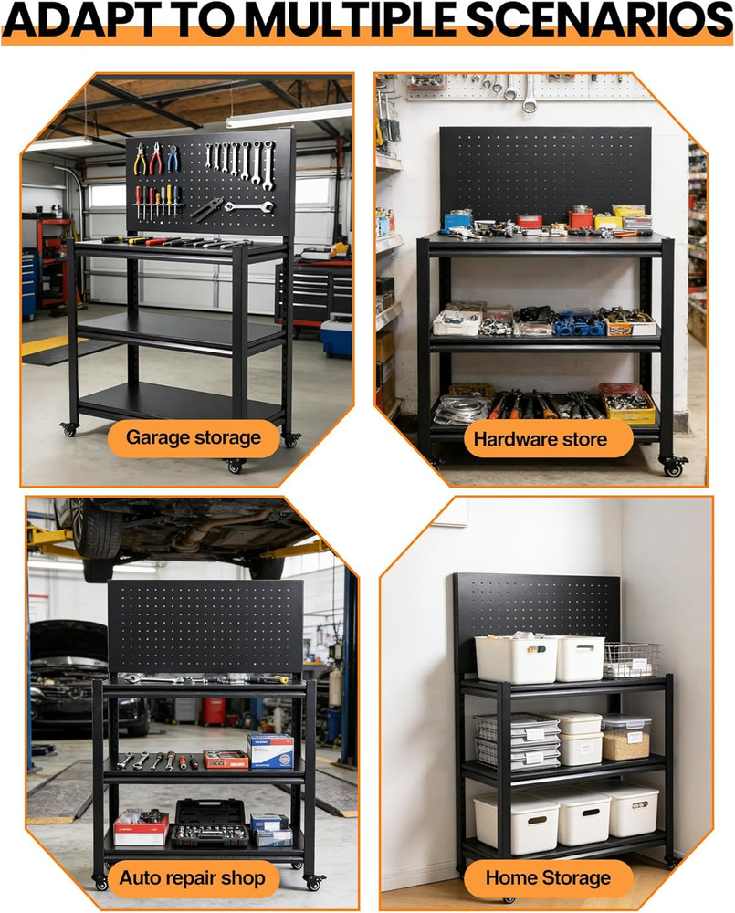Work Benches for Garage with Pegboard, Adjustable Height Workbench with Lockable