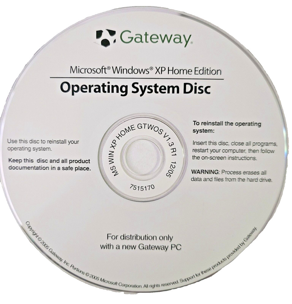 Microsoft Windows XP Home Edition Operating System Disc Gateway
