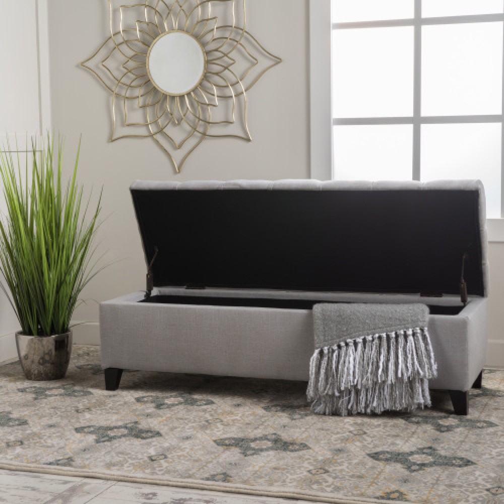 Light Gray Storage Ottoman Bench, Button Tufted Diamond Stitch Extra Seating