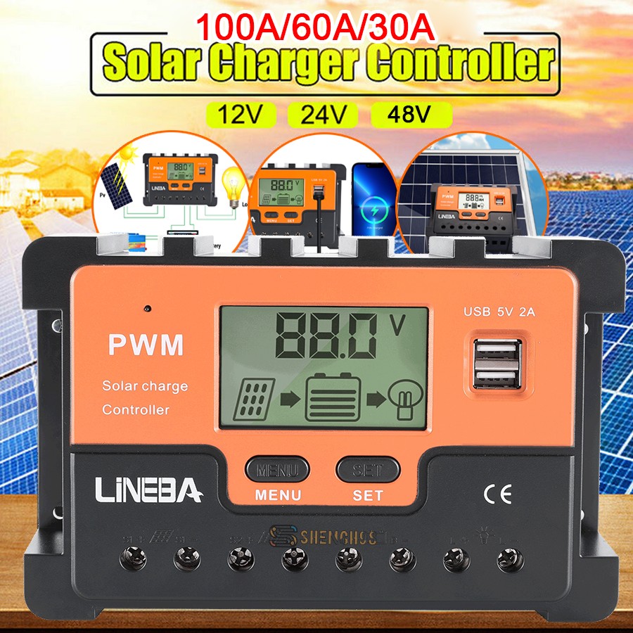 100A Solar Panel Battery Charge Controller 12V-24V LCD Regulator Auto Dual USB