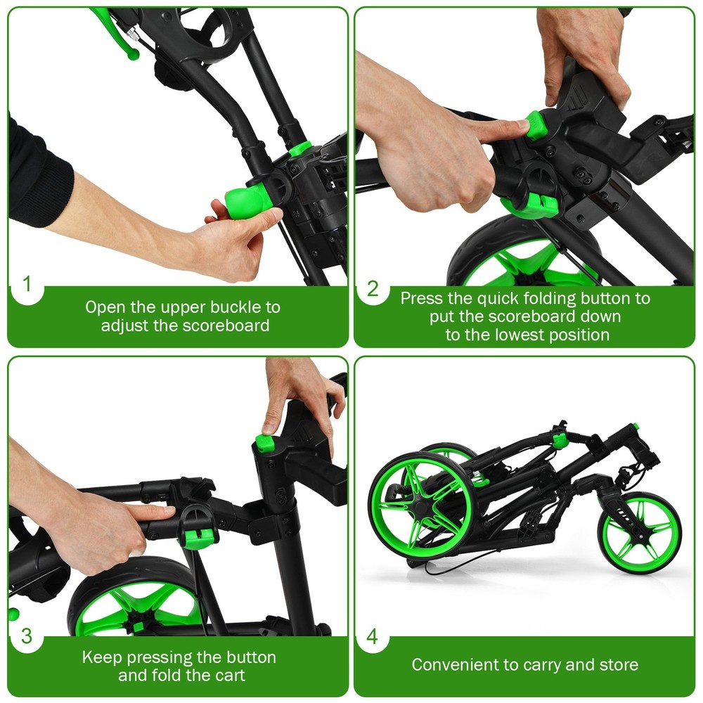 3 Wheels Foldable Golf Push Pull Cart Trolley w/ Adjustable Handle Brake Green