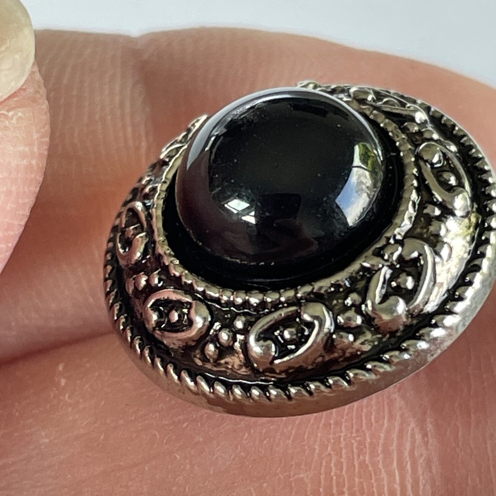 Set 5 Silver Tone Plastic Buttons Black Cabochon Medium 3/4”