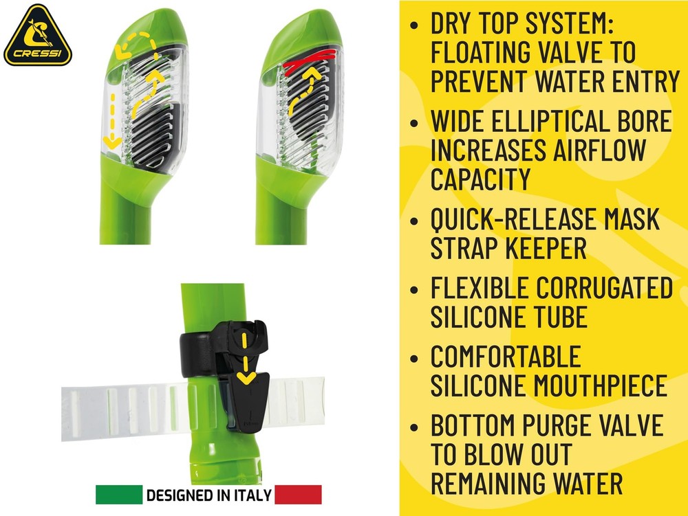 Cressi Supernova Dry Dry Snorkels, Black/Lime