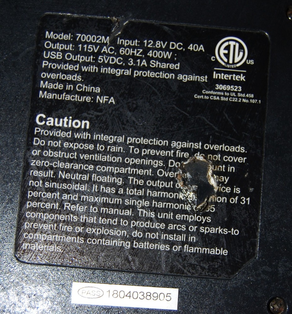 EverStart Inverter, max continuous 400W usb 3.1A replacement fuse Model 70002MC