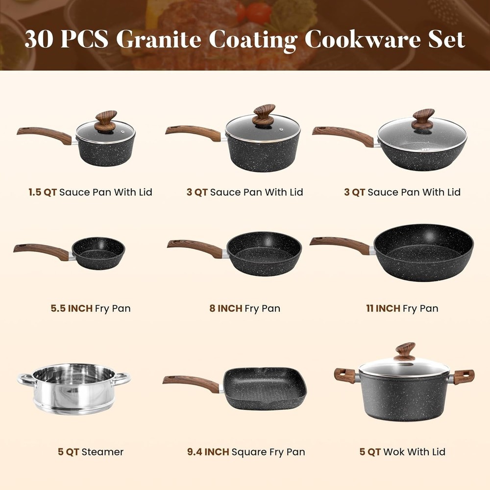 Kitchen Induction Cookware & Bakeware Set - 30 Piece Black Granite Cooking Pa...
