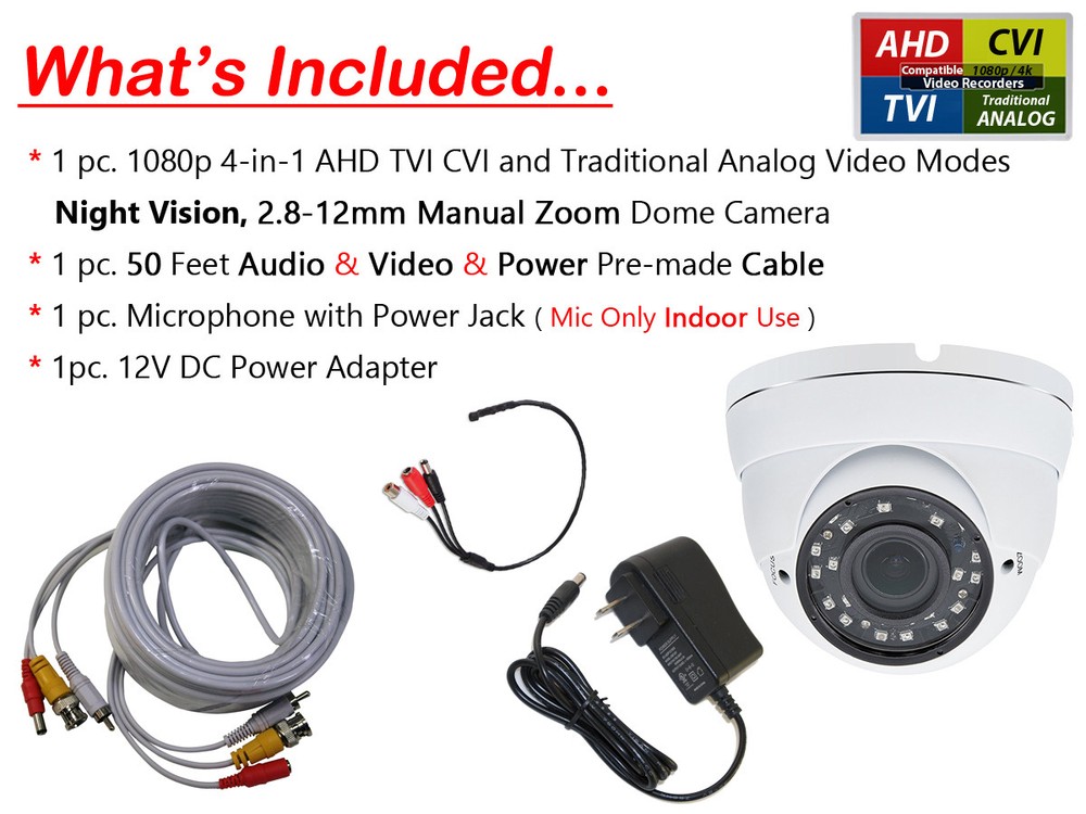 1080p HD Day Night Dome CCTV Security Camera with Microphone Cable Adapter Set