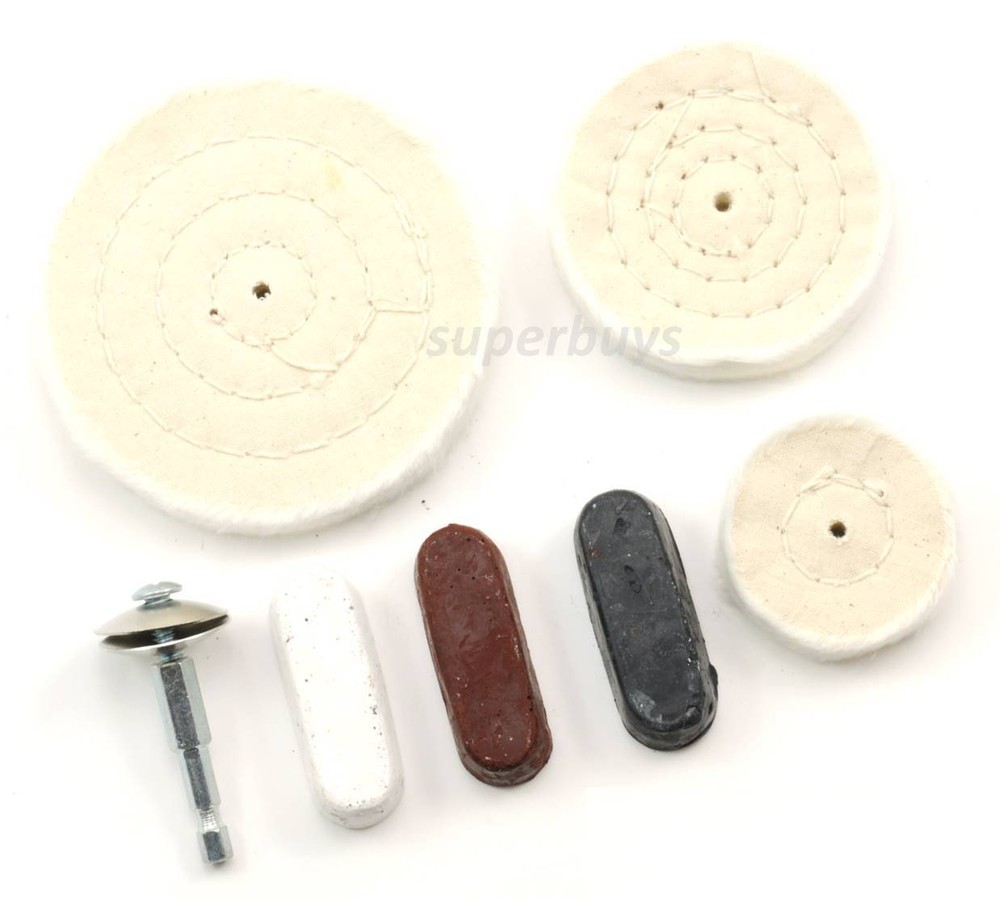 7pc White Cloth Buffer Wheel Kit 50 75 100mm Mandrel + Polishing Compound Bit