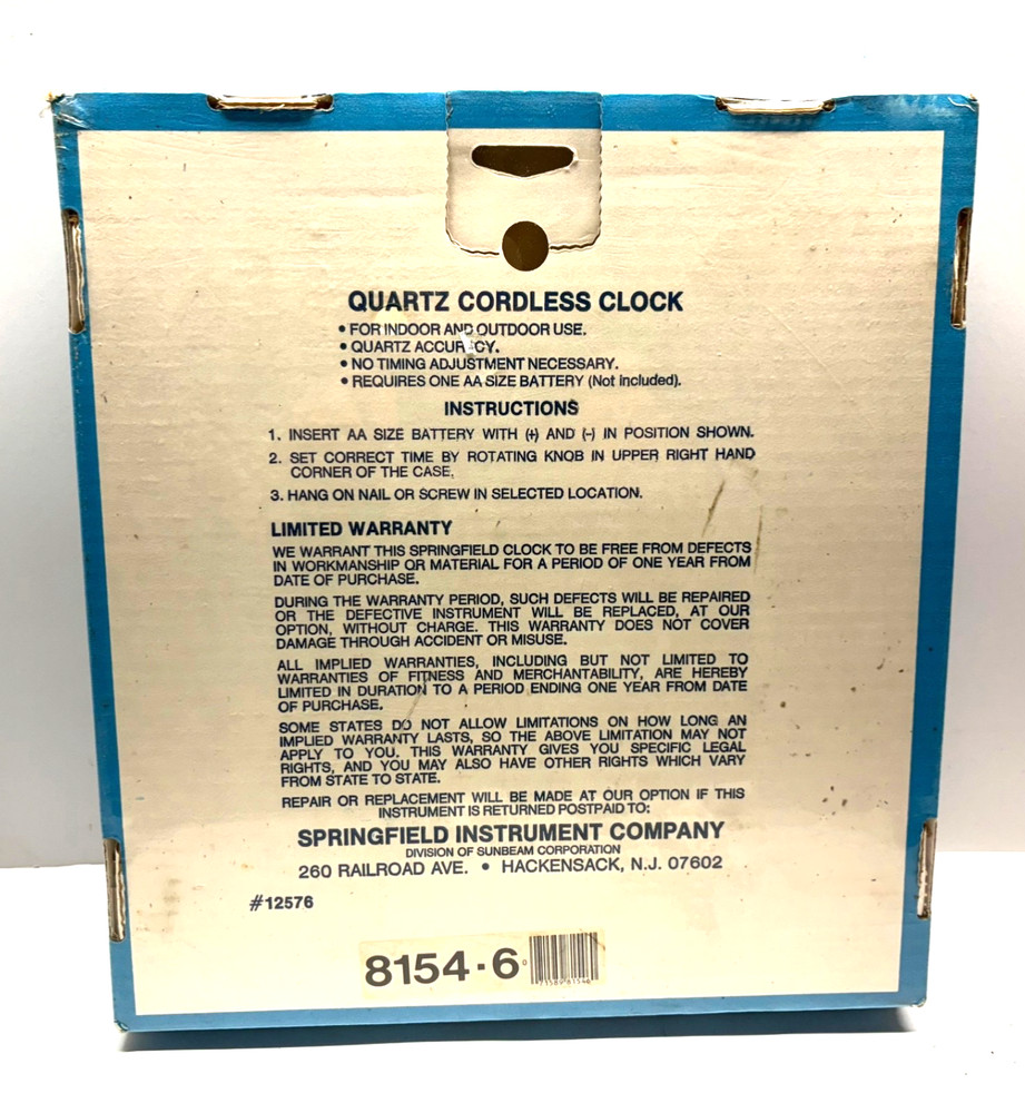 Vintage Springfeild Sunbeam 12" Rainbow Clouds Wall Clock NOS Sealed In Package