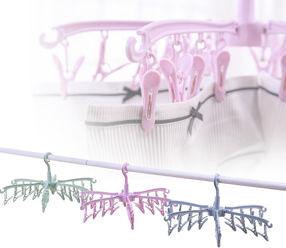 Rotating Clothes Drying Rack with 24 Clips Foldable Sock Hanger for Laundry
