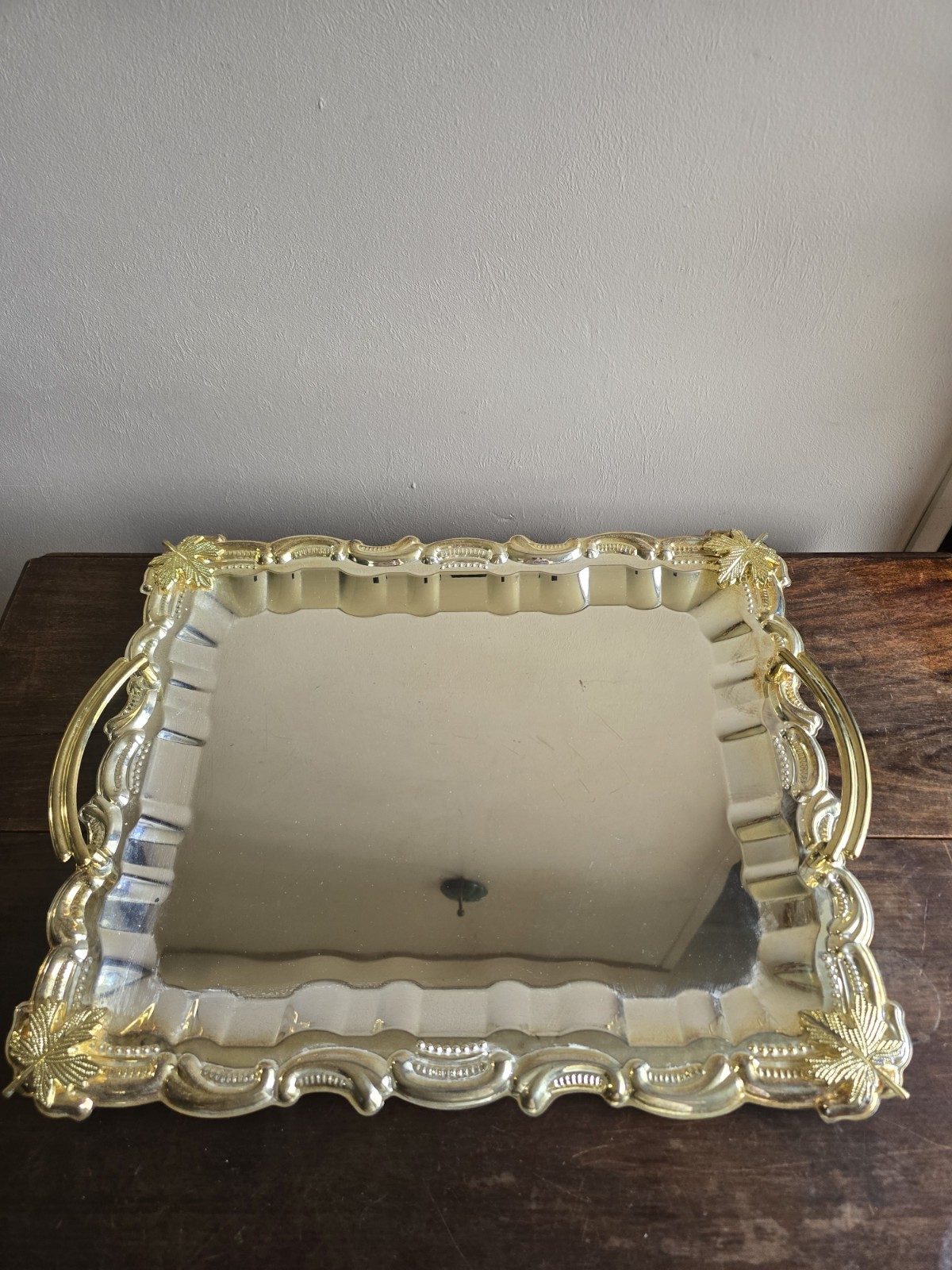 VTG Set Of 2 Dakco Silver Plated Retangle Baroque Trays W/Gold Handles & Leaves