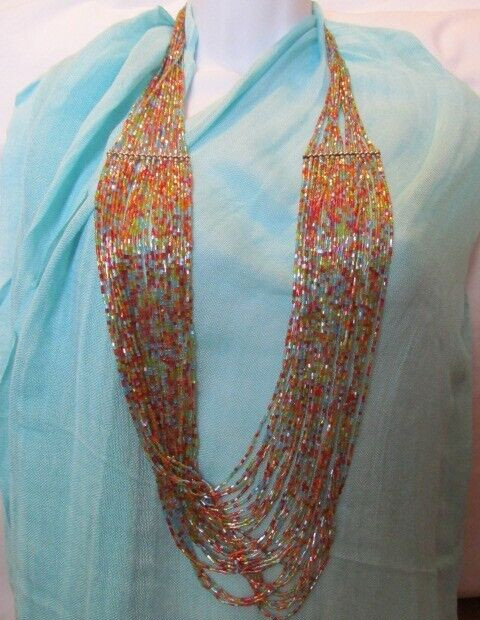 Vintage Bohemian Heavy Rainbow Multi Layer Bead Graduated Layer Necklace