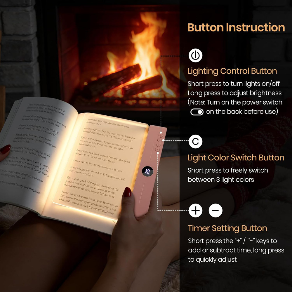 Flat Book Light, Rechargeable Clear LED Smart Reading Light with 3 Colors & Time