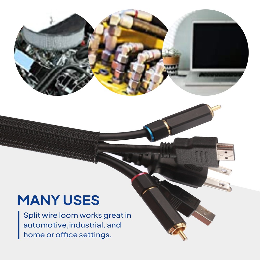 Black Split Wire Loom Braided Cable Sleeve Self-wrap Cord Harness Protect