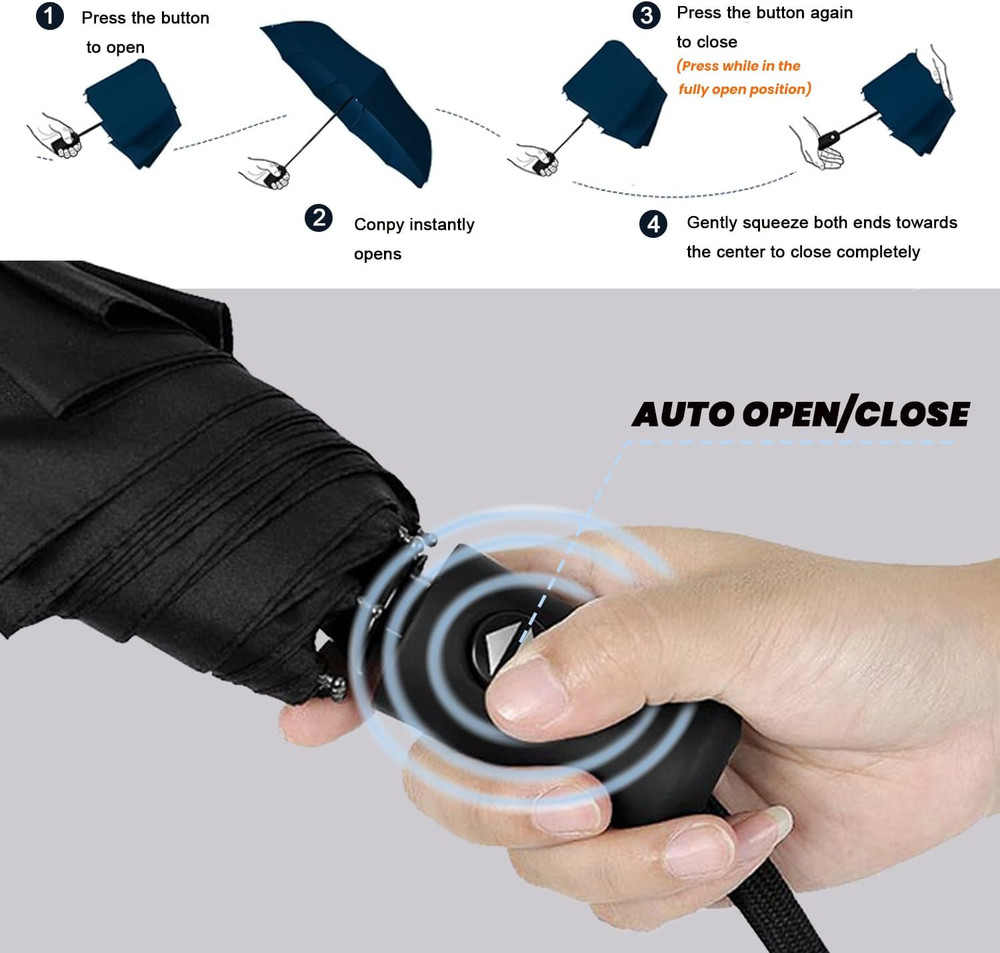 Compact Travel Umbrella - Windproof Auto Open/Close, Small Folding Umbrella for