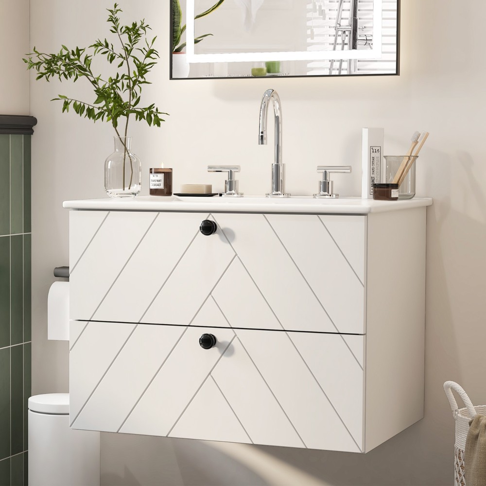 Floating Wall-Mounted Vanity Set with Ceramic Sink, Soft-Close Drawers White