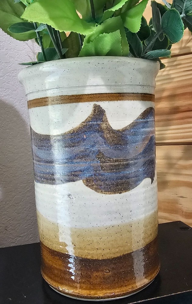 Signed Studio Pottery Vase Cream Blue Brown 7"