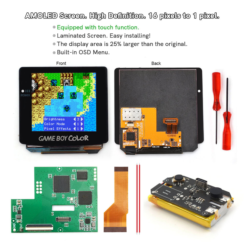 OLED Screen Touch Laminated Screen Kit&Pre-cut Case With Type-C Battery For GBC