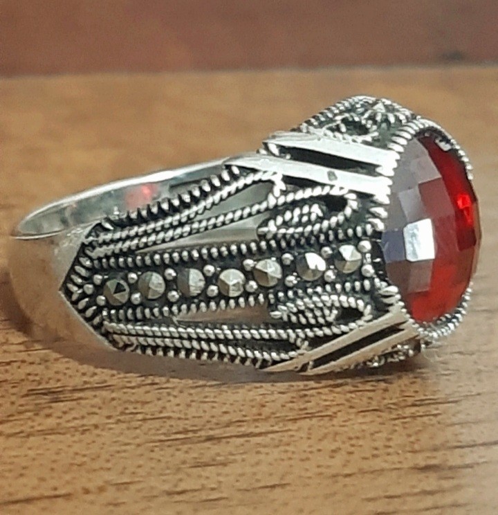 MENS 925 SILVER RING Red Tourmaline Solitaire Ruby Sterling Ring $