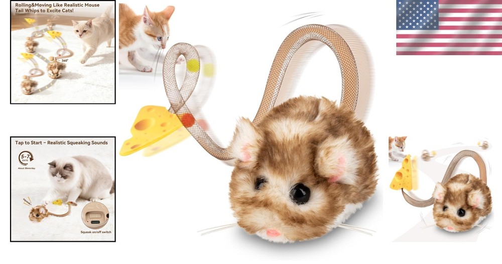 Indoor Cat Play Mouse – 360° Spin, Squeaker, Replaceable Catnip