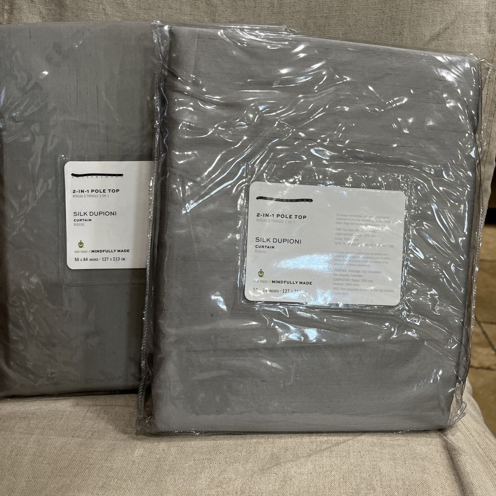 Pottery Barn Silk Platinum Gray Drapes 50x84"  cotton lining  S/2