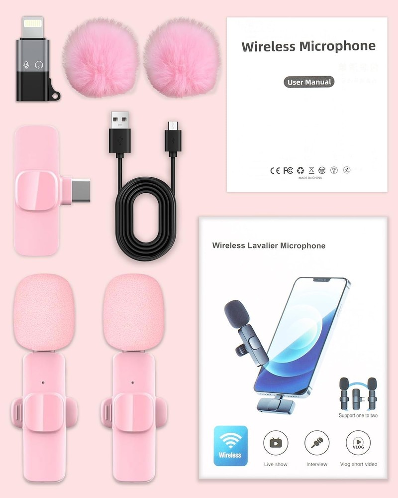 Pink Mini Wireless Microphone for iPhone & Android, Lavalier Microphone with Noi