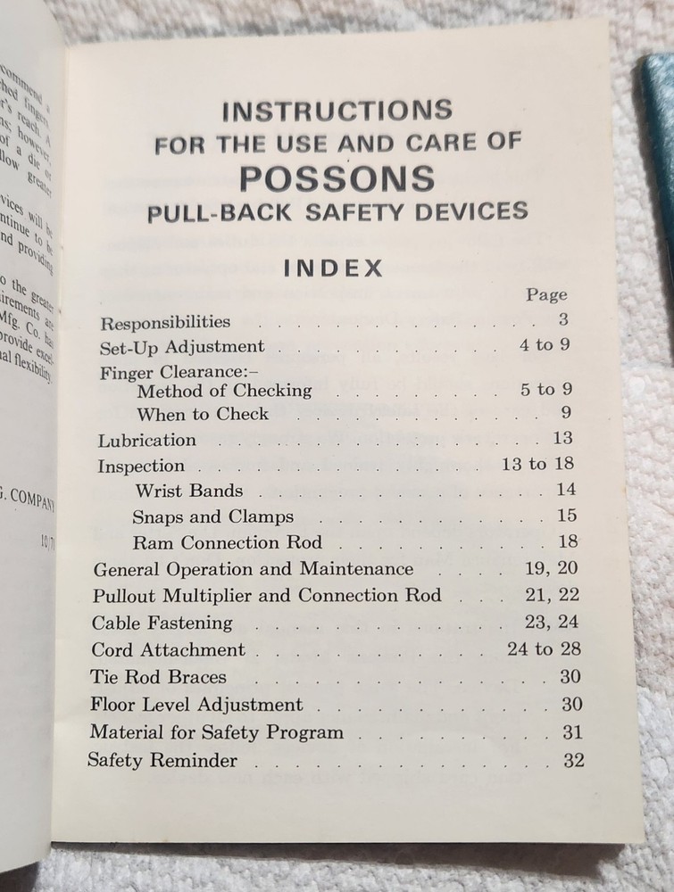1959 & 1968- Possons Pullback Safety Devices Maintain Adjust Die Setting Manual