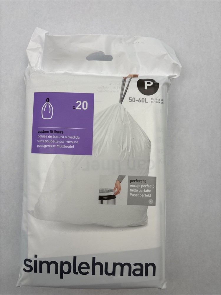 Code P 20 Ct SIMPLEHUMAN Custom Fit Trash Bags Can Liners Refill Size White Pack