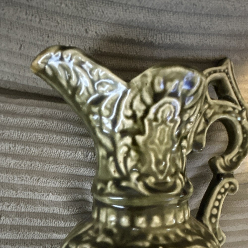 Green Gold White Ceramic Pitcher, Handle, Glossy, Abstract, Impressed Mark