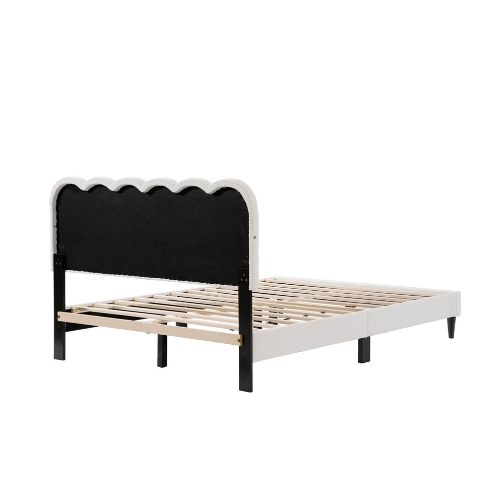 Full/Queen Size Platform Bed Frame with Upholstered Headboard & LED Light White