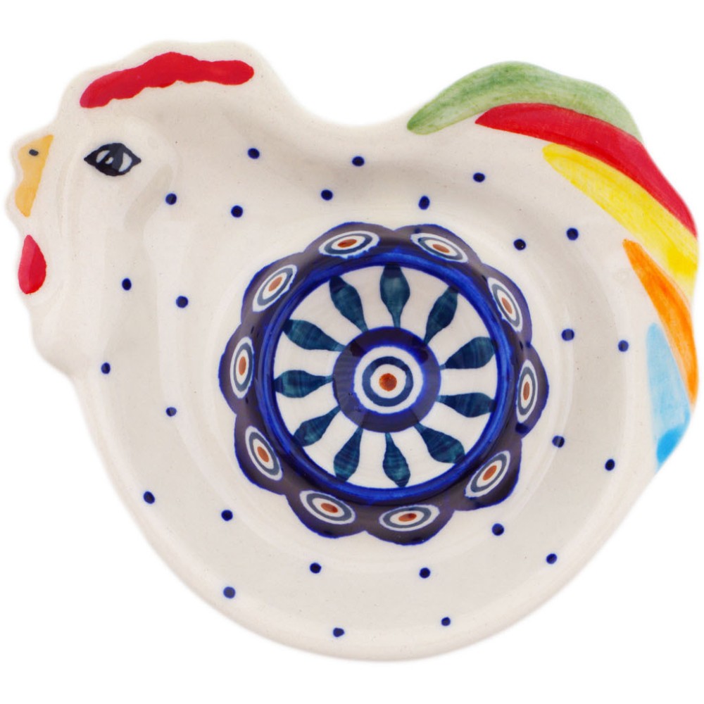 Polish Pottery Egg Plate 5" Peacock Leaves