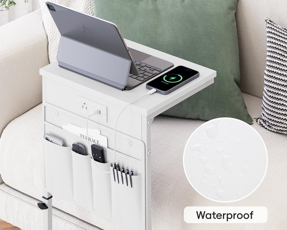 C Shaped End Table W/ Charging Station Adjustable Height Side Table Couch Sofa