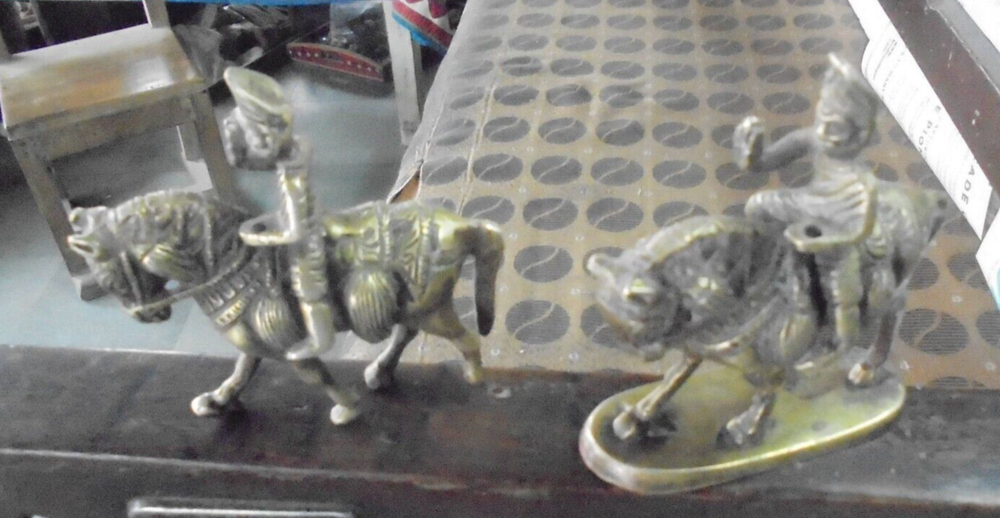 2 Pc Vintage Brass Engraved Handcrafted Solid Horse Rider Figurines