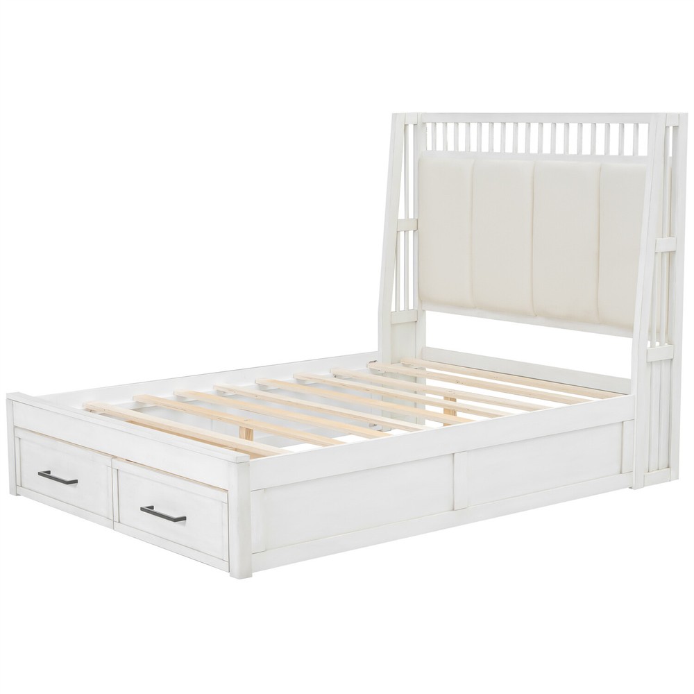 Full/Queen Size Bed Frame Upholstered Platform Bed Frame with 2 Drawers White