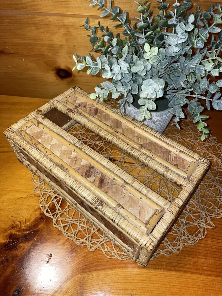 Vintage Tissue Box Cover Holder Bamboo Rattan Wicker Coastal Boho Rectangular
