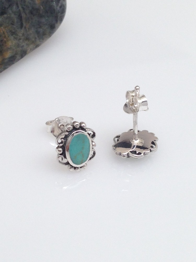 Lace Turquoise Stud Earrings 925 Sterling Silver Oval Post Stud Tiny 9mm(6.5mm)