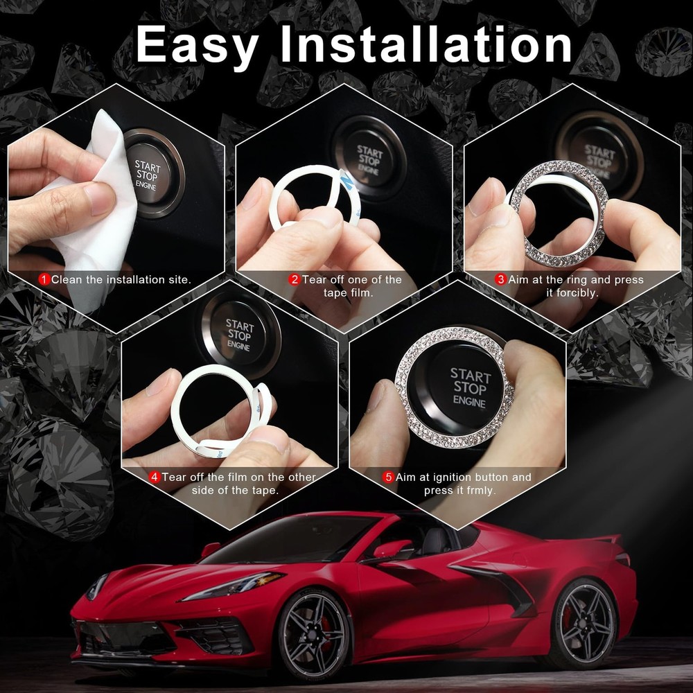Crystal Start Stop Button Ring 2PCS Rhinestone Car Decor / Anillo Boton Auto