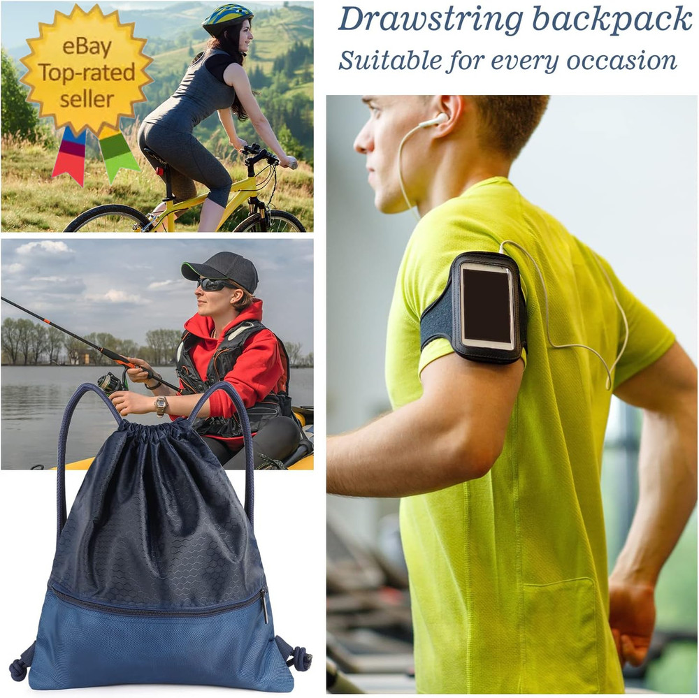 Drawstring Backpack Bag, Waterproof Draw String Back Sack with Zip Pocket