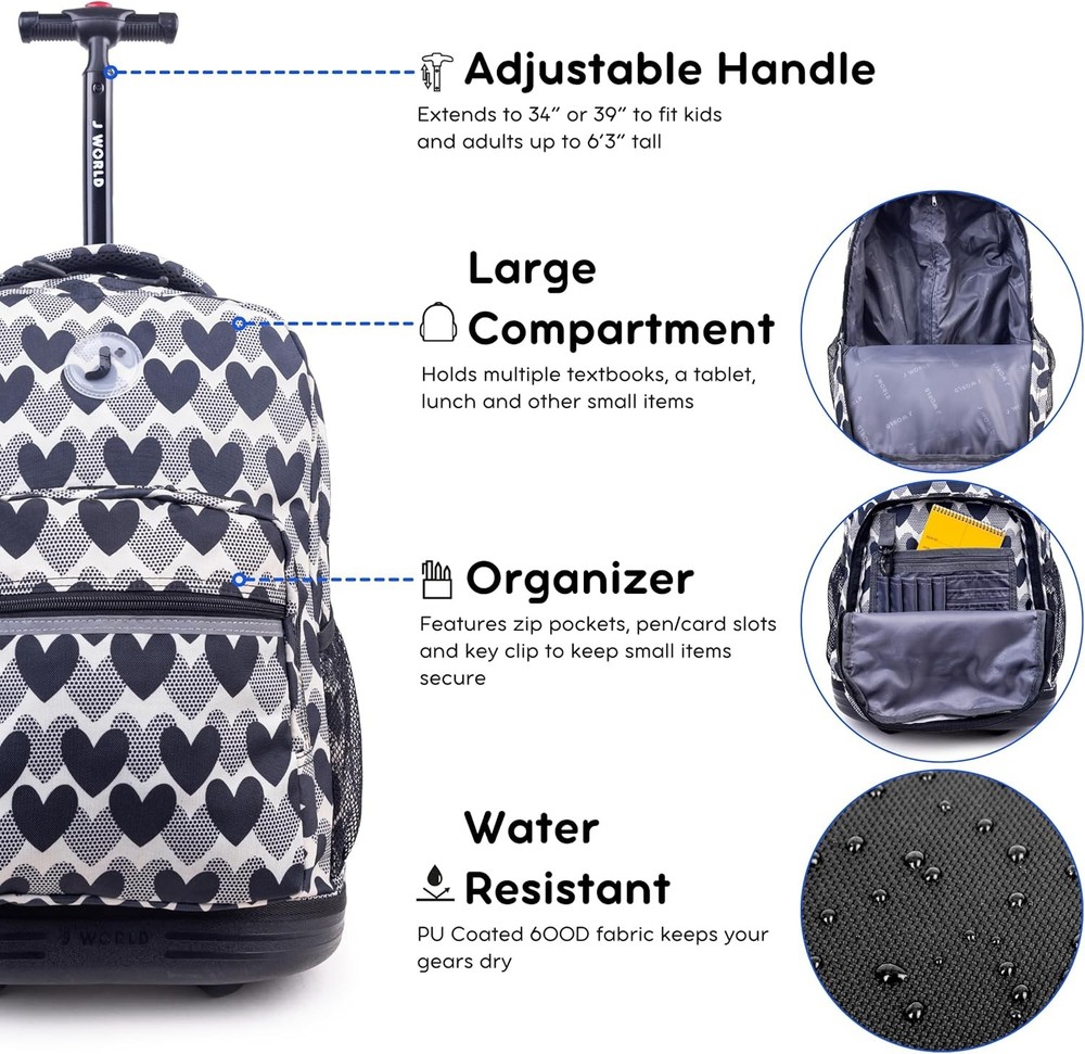 J World Sunrise Rolling Backpack. Roller Bag with Wheels, Heart Dot