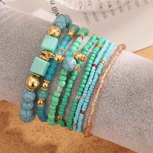8PCS Beaded Bracelets for Women, Multilayered Stackable Strand Stretch Blue