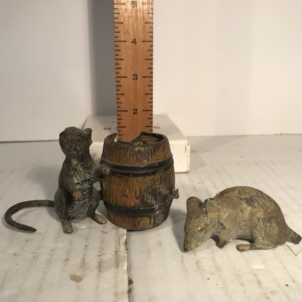 Antique Cast Iron Mice with Barrel Mouse Figurine